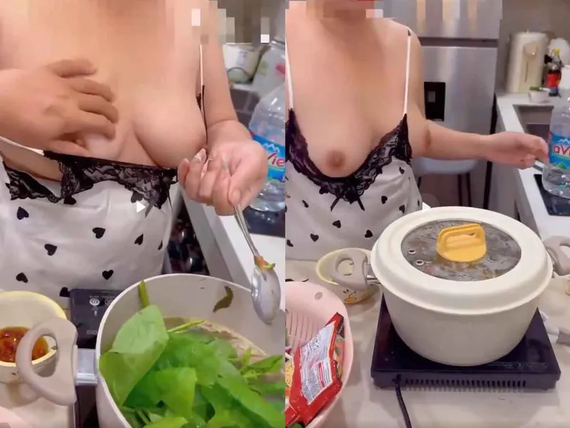 Chị vú bự đang nấu ăn mà anh cứ đòi sờ vú rồi chịch
